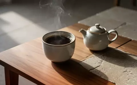 Eine dampfende Tasse Kaffee und eine Teekanne auf einem Holztisch in natürlichem Licht. - Foto: über boerse-global.de