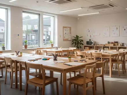 Ein heller, moderner Gemeinschaftsraum mit Tischen und Stühlen für einen Workshop in einem kommunalen Zentrum. - Foto: über boerse-global.de