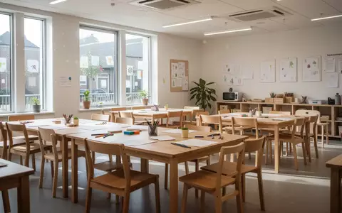 Ein heller, moderner Gemeinschaftsraum mit Tischen und Stühlen für einen Workshop in einem kommunalen Zentrum. - Foto: über boerse-global.de