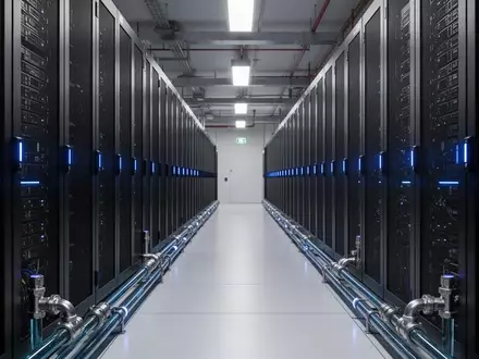 Reihe moderner, hochverdichteter Server-Racks in einem Rechenzentrum mit sichtbaren Flüssigkeitskühlungsanschlüssen. - Foto: über boerse-global.de