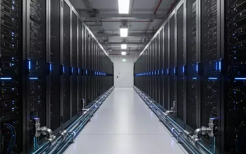 Reihe moderner, hochverdichteter Server-Racks in einem Rechenzentrum mit sichtbaren Flüssigkeitskühlungsanschlüssen. - Foto: über boerse-global.de