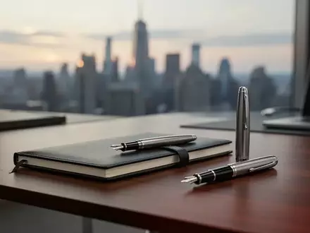Ein minimalistischer Büroarbeitsplatz mit einem Notizbuch und einem Füllfederhalter bei natürlichem Morgenlicht. - Foto: über boerse-global.de