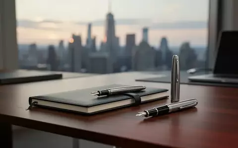 Ein minimalistischer Büroarbeitsplatz mit einem Notizbuch und einem Füllfederhalter bei natürlichem Morgenlicht. - Foto: über boerse-global.de