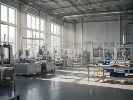 Eine leere, moderne Industriehalle mit hochwertigen Maschinen und natürlichem Lichteinfall. - Foto: über boerse-global.de
