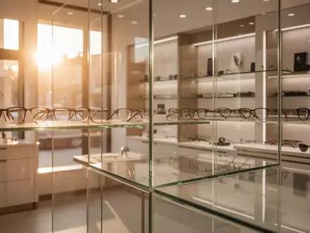 Elegantes Interieur eines gehobenen Optikgeschäfts mit minimalistischen Regalen und warmem, natürlichem Licht. - Foto: über boerse-global.de