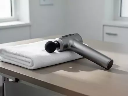 Ein modernes Massagegerät und ein gefaltetes weißes Handtuch auf einem hellen Holztisch in einem sterilen Behandlungsraum. - Foto: über boerse-global.de