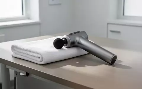 Ein modernes Massagegerät und ein gefaltetes weißes Handtuch auf einem hellen Holztisch in einem sterilen Behandlungsraum. - Foto: über boerse-global.de