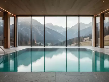 Ein leeres, modernes Hallenbad in einem alpinen Resort mit Blick auf die Berge, helles und klares Wasser. - Foto: über boerse-global.de