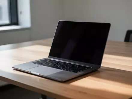 Ein minimalistischer Büroarbeitsplatz mit einem Laptop auf einem Holztisch bei natürlichem Tageslicht. - Foto: über boerse-global.de