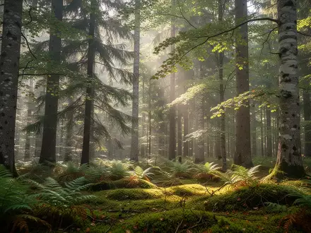 Ein sonnendurchfluteter Wald mit dichten Silber-Tannen und Buchen, der eine ruhige und erholsame Atmosphäre ausstrahlt. - Foto: über boerse-global.de