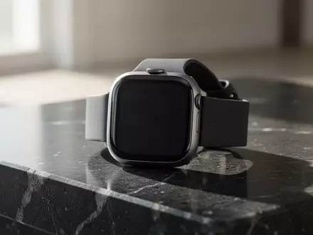 Eine Apple Watch liegt auf einer glatten, dunklen Steinoberfläche in natürlichem Licht. - Foto: über boerse-global.de