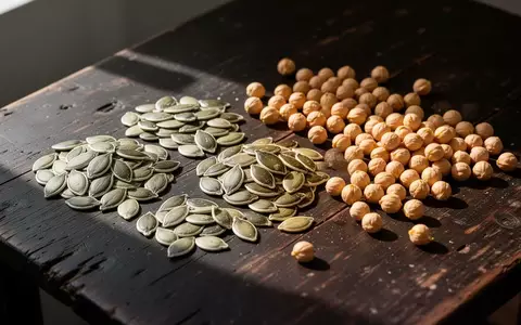 Nahaufnahme von rohen Kürbiskernen und getrockneten Kichererbsen auf einer dunklen Holzoberfläche. - Foto: über boerse-global.de