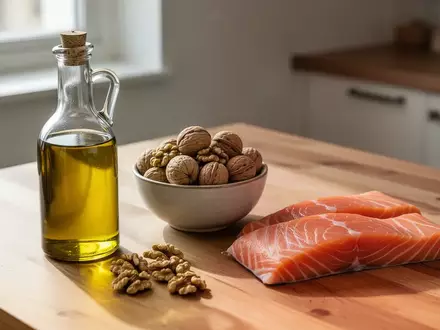 Gesunde Lebensmittel wie Olivenöl, Walnüsse und Fisch auf einem Holztisch bei natürlichem Licht. - Foto: über boerse-global.de