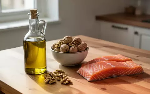 Gesunde Lebensmittel wie Olivenöl, Walnüsse und Fisch auf einem Holztisch bei natürlichem Licht. - Foto: über boerse-global.de