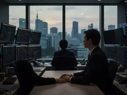 Ein einsamer Händler in einem modernen Büro vor dunklen Bildschirmen mit Blick auf die abendliche Skyline von Seoul. - Foto: über boerse-global.de