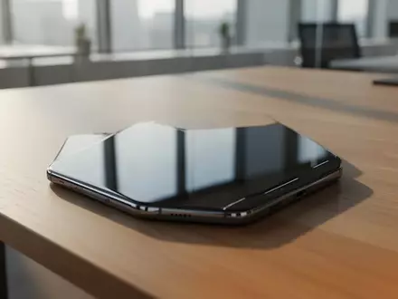 Ein modernes Smartphone auf einem minimalistischen Holztisch in einer hellen, professionellen Büroumgebung. - Foto: über boerse-global.de