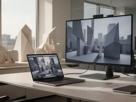 Ein moderner, minimalistischer Arbeitsplatz mit einem High-End-Laptop und einem großen Monitor in einem hellen Architekturbüro. - Foto: über boerse-global.de