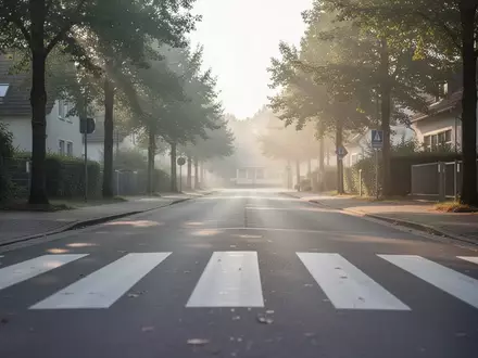 Leerer Fußgängerüberweg an einer Straße in einer Wohnsiedlung im frühen Morgenlicht. - Foto: über boerse-global.de