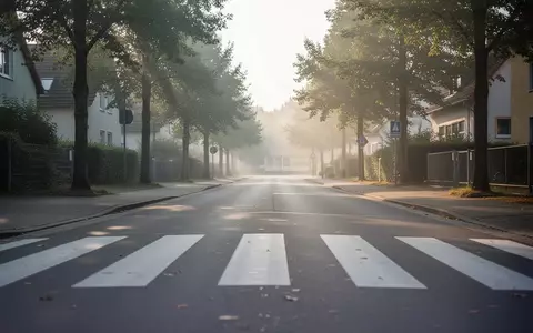 Leerer Fußgängerüberweg an einer Straße in einer Wohnsiedlung im frühen Morgenlicht. - Foto: über boerse-global.de