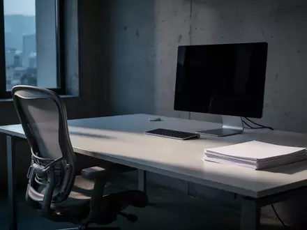 Ein leerer, aufgeräumter Büroarbeitsplatz mit einem dunklen Monitor in einer ruhigen, minimalistischen Umgebung. - Foto: über boerse-global.de