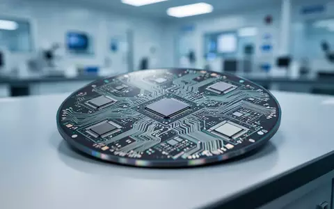 Detailaufnahme eines modernen Halbleiter-Wafers mit komplexen Mikrochip-Strukturen in einer Laborumgebung. - Foto: über boerse-global.de