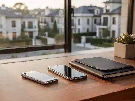 Ein minimalistischer Schreibtisch mit einem Smartphone und Notizbuch in hellem, natürlichem Licht. - Foto: über boerse-global.de