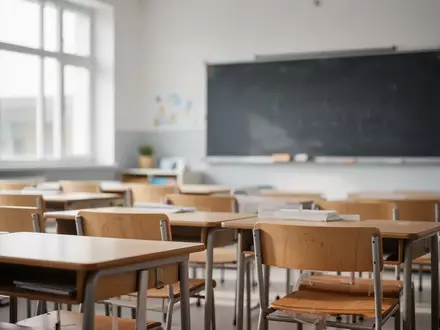 Ein heller, leerer Klassenraum einer Grundschule mit Holzmöbeln und einfallendem Tageslicht. - Foto: über boerse-global.de