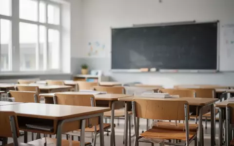 Ein heller, leerer Klassenraum einer Grundschule mit Holzmöbeln und einfallendem Tageslicht. - Foto: über boerse-global.de