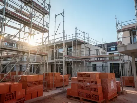 Eine moderne Baustelle für Wohnraum mit Gerüsten und Baumaterialien vor einem klaren Himmel. - Foto: über boerse-global.de