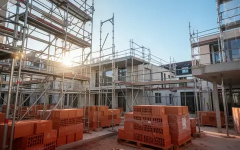 Eine moderne Baustelle für Wohnraum mit Gerüsten und Baumaterialien vor einem klaren Himmel. - Foto: über boerse-global.de