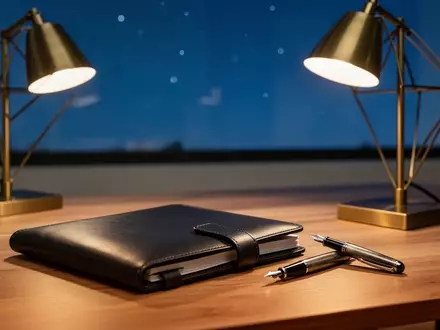 Ein minimalistischer Schreibtisch mit einem Notizbuch und einer Schreibtischlampe vor einem nächtlichen Sternenhimmel. - Foto: über boerse-global.de