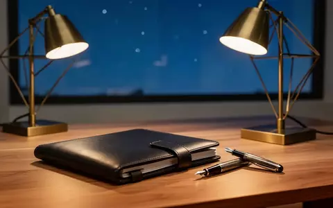 Ein minimalistischer Schreibtisch mit einem Notizbuch und einer Schreibtischlampe vor einem nächtlichen Sternenhimmel. - Foto: über boerse-global.de