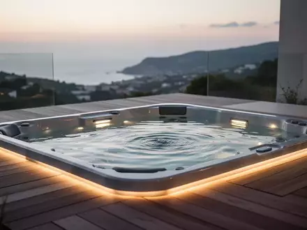 Moderner Outdoor-Swim-Spa auf einer Holzterrasse bei Dämmerung mit sanfter Unterwasserbeleuchtung. - Foto: über boerse-global.de