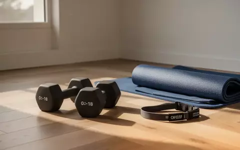 Ein minimalistischer Fitnessbereich zu Hause mit Kurzhanteln, einer Trainingsmatte und Fitnessbändern bei Tageslicht. - Foto: über boerse-global.de
