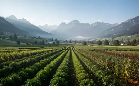 Weitläufige Ackerlandschaft in der Schweiz mit verschiedenen Feldern vor einer Bergkulisse bei Tageslicht. - Foto: über boerse-global.de