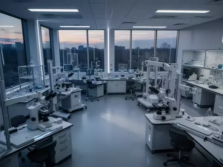 Ein minimalistisches, modernes Labor mit hochmoderner wissenschaftlicher Ausstattung in gedimmtem Licht. - Foto: über boerse-global.de