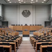Der leere Plenarsaal des Deutschen Bundestages mit Blick auf die Sitzreihen und das Bundesadler-Emblem. - Foto: über boerse-global.de