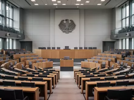 Der leere Plenarsaal des Deutschen Bundestages mit Blick auf die Sitzreihen und das Bundesadler-Emblem. - Foto: über boerse-global.de