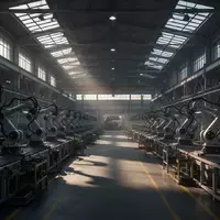 Leere, industrielle Produktionshalle einer Automobilfabrik mit inaktiven Fertigungsrobotern in gedimmtem Licht. - Foto: über boerse-global.de
