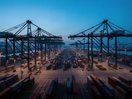 Moderne Hafenanlage mit Containerbrücken bei Dämmerung als Symbol für die maritime Lieferketteninfrastruktur. - Foto: über boerse-global.de