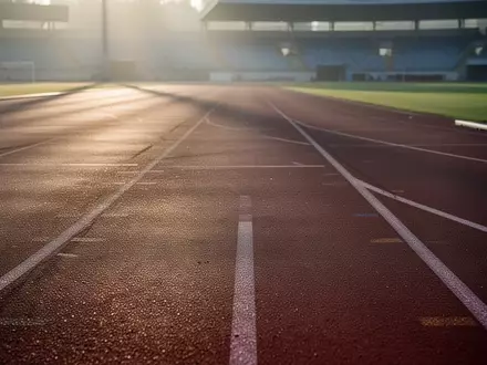 Leere Laufbahn eines Sportstadions im sanften Licht der Morgendämmerung. - Foto: über boerse-global.de