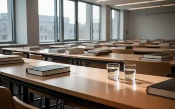 Ein leerer, modern gestalteter Hörsaal mit ordentlichen Schreibtischen und Lehrbüchern in einer ruhigen Lernumgebung. - Foto: über boerse-global.de