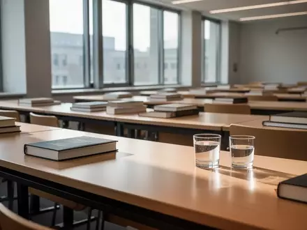 Ein leerer, modern gestalteter Hörsaal mit ordentlichen Schreibtischen und Lehrbüchern in einer ruhigen Lernumgebung. - Foto: über boerse-global.de