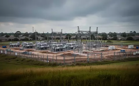 Eine weitläufige Baustelle für ein Rechenzentrum auf einem ehemaligen Golfplatz mit industriellen Gasturbinen unter bewölktem Himmel. - Foto: über boerse-global.de