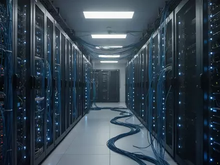 Moderne Serverräume mit blau beleuchteten Racks und Glasfaserkabeln zur Darstellung der digitalen Infrastruktur. - Foto: über boerse-global.de