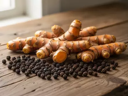 Frische Kurkuma-Wurzeln und schwarze Pfefferkörner auf einem rustikalen Holztisch bei natürlichem Licht. - Foto: über boerse-global.de