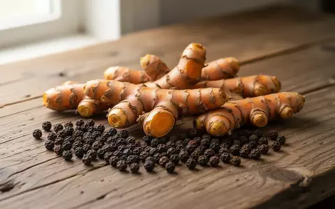 Frische Kurkuma-Wurzeln und schwarze Pfefferkörner auf einem rustikalen Holztisch bei natürlichem Licht. - Foto: über boerse-global.de