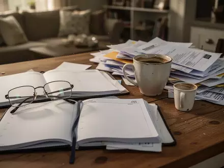 Ein unaufgeräumter Küchentisch mit einer Brille, einem Notizbuch und einer Kaffeetasse in einer häuslichen Umgebung. - Foto: über boerse-global.de