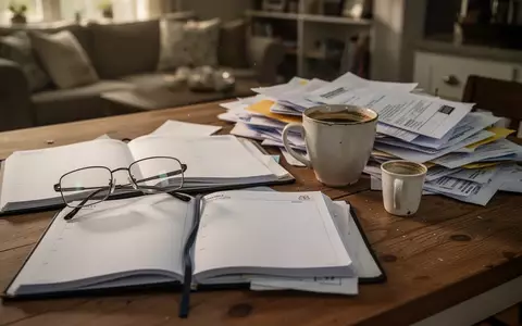 Ein unaufgeräumter Küchentisch mit einer Brille, einem Notizbuch und einer Kaffeetasse in einer häuslichen Umgebung. - Foto: über boerse-global.de