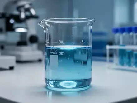 Ein gläsernes Laborbecherglas mit einer leuchtend blauen Flüssigkeit auf einem sterilen Labortisch in einem Forschungslabor. - Foto: über boerse-global.de